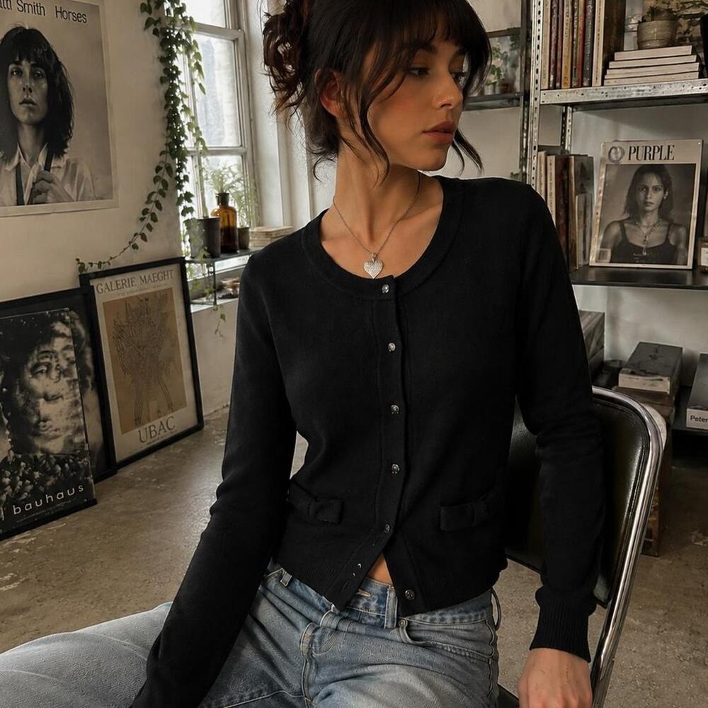Kate Spade Black Bow Pocket Button Front Cardigan S